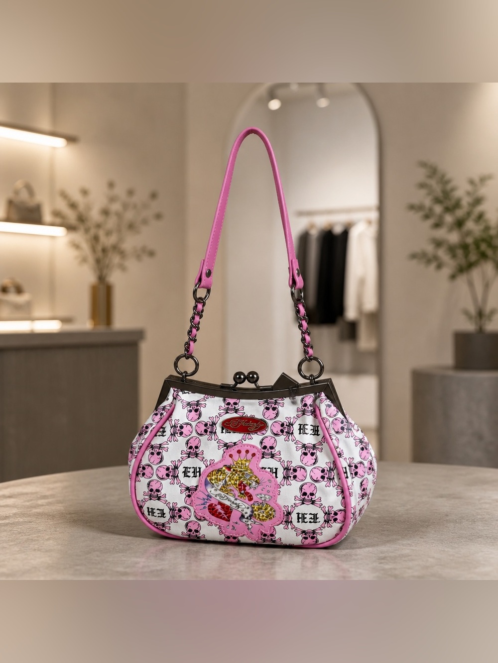 Ed Hardy Pink Skull Print Shoulder Bag Kiss Lock Chain Strap
